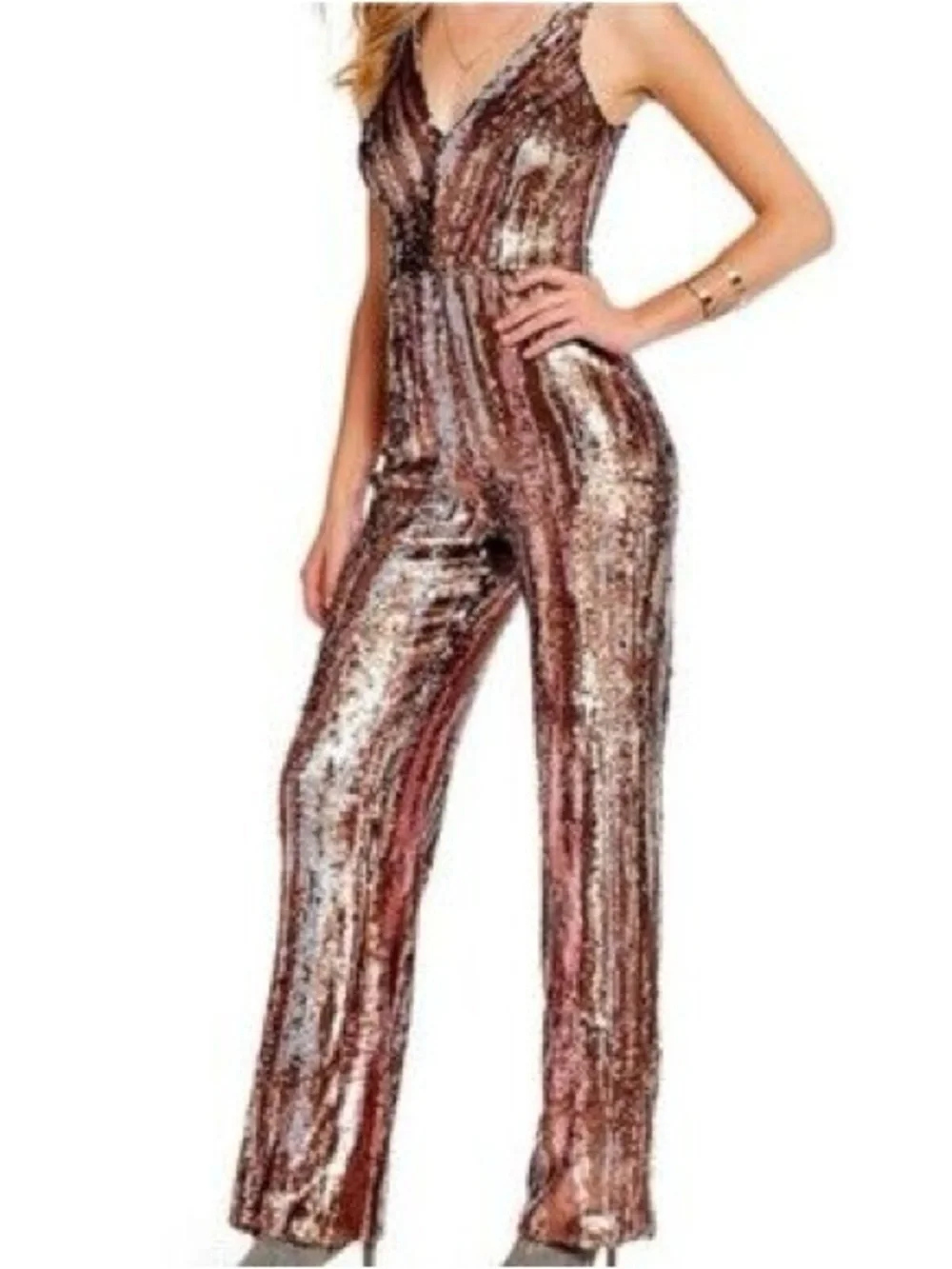 Dress the Population Rose Gold Sequin V-Neck Jumpsuit